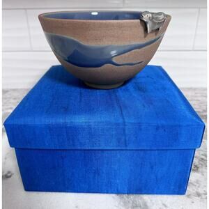 Vintage Rare Siam Celadon Thailand Pottery Wood Ash Glaze Bowl Metal Rim Pig NOS